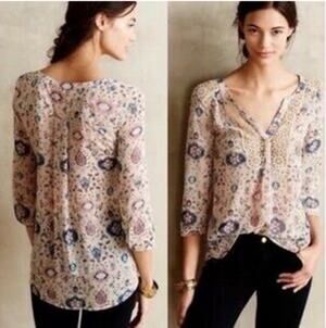 Maeve Floral Crochet Detail V Neck Blouse Top Multicolor Size 0 Boho Peasant